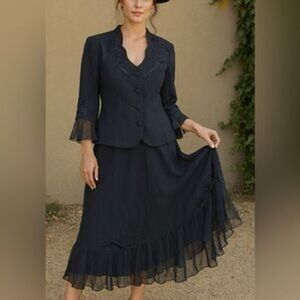 Vintage Plaza South sz 14 Womens Blue Embroidered Floral Sheer Top & Skirt Set